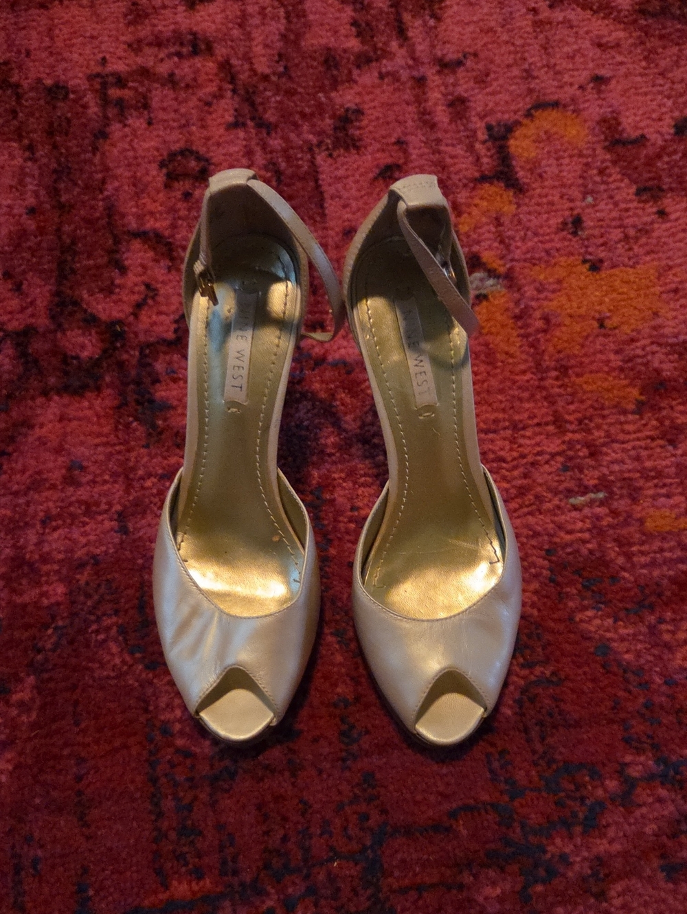 Nine West Cream Peep-Toe Ankle Strap Heels with Gold Insole